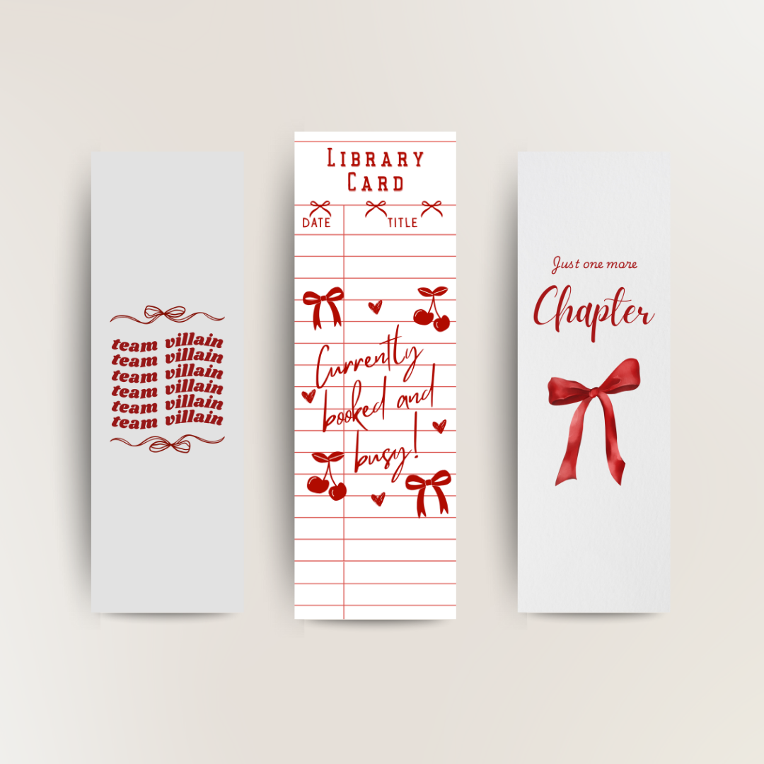 Aesthetic red library card bookmark set